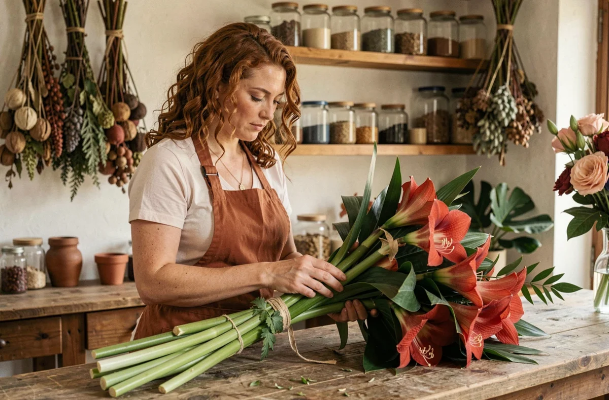 Amarylis - fleuriste en tablier terracotta assemblant un bouquet de mariée en amaryllis dans un atelier rustique du Sud-Ouest