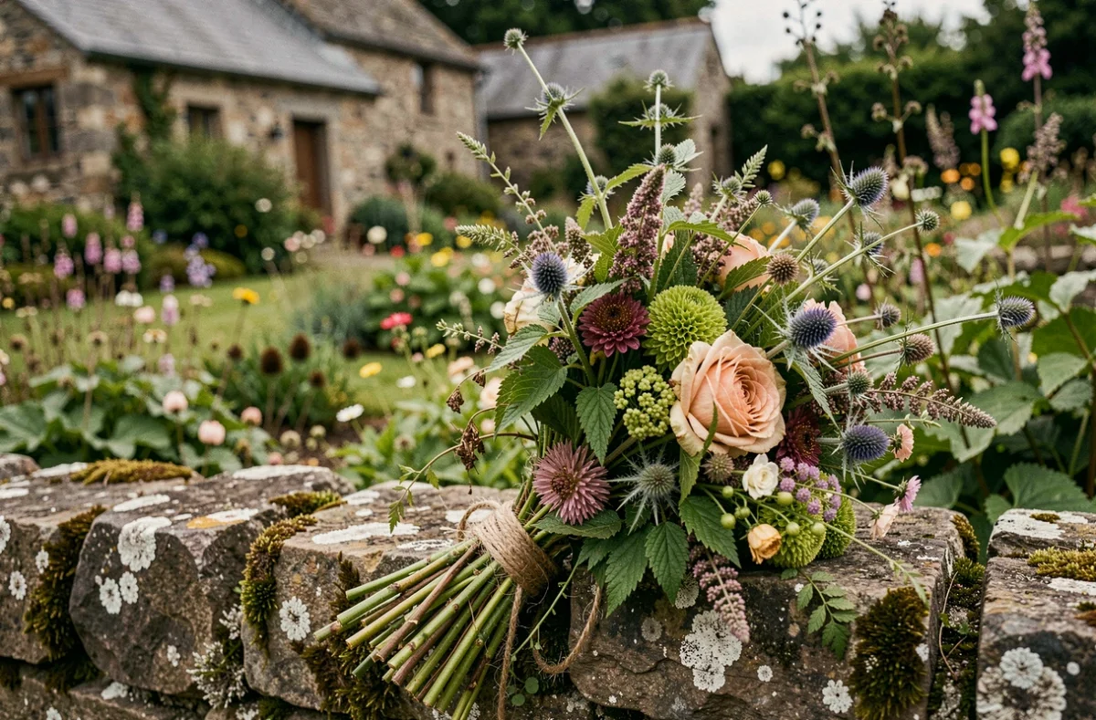 Amatxi dans les Orties - bouquet de mariage sauvage avec orties, chardons et verdure champêtre posé sur un muret de pierre au Pays Basque