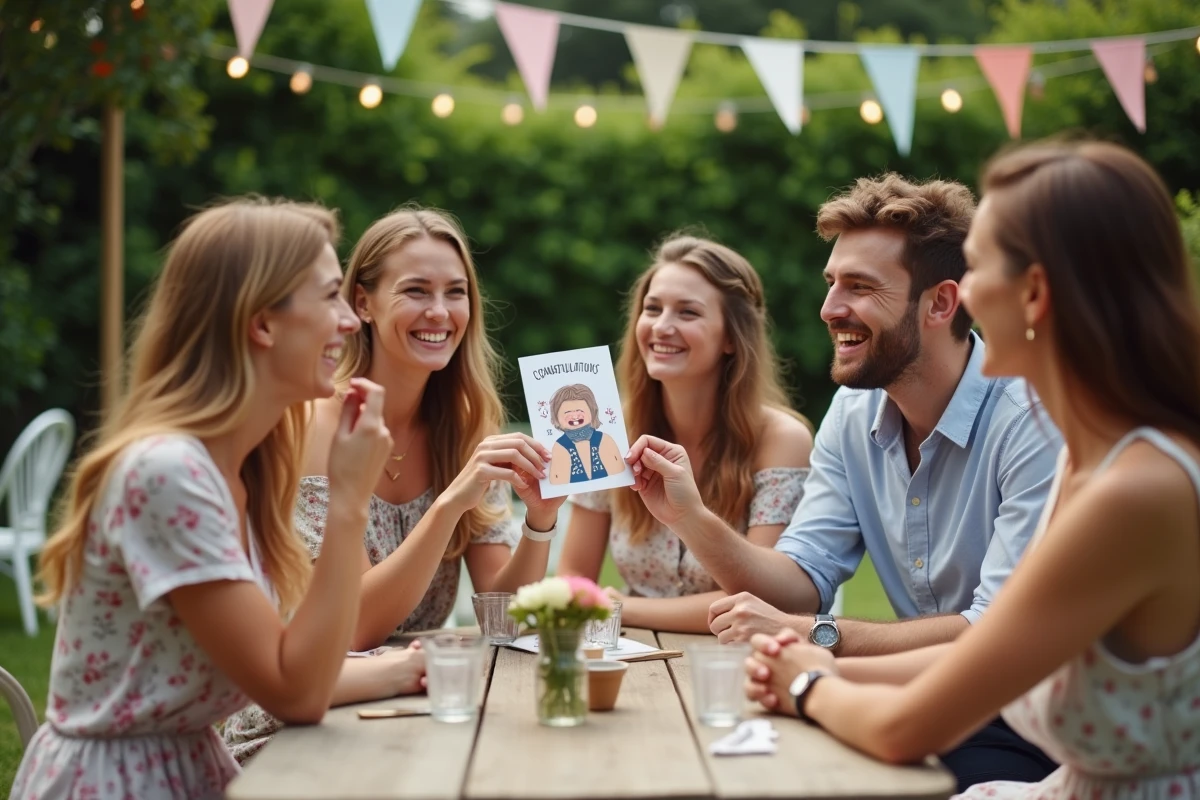Groupe d'amis amusés par une carte de félicitations de mariage humoristique lors d'une fête en jardin