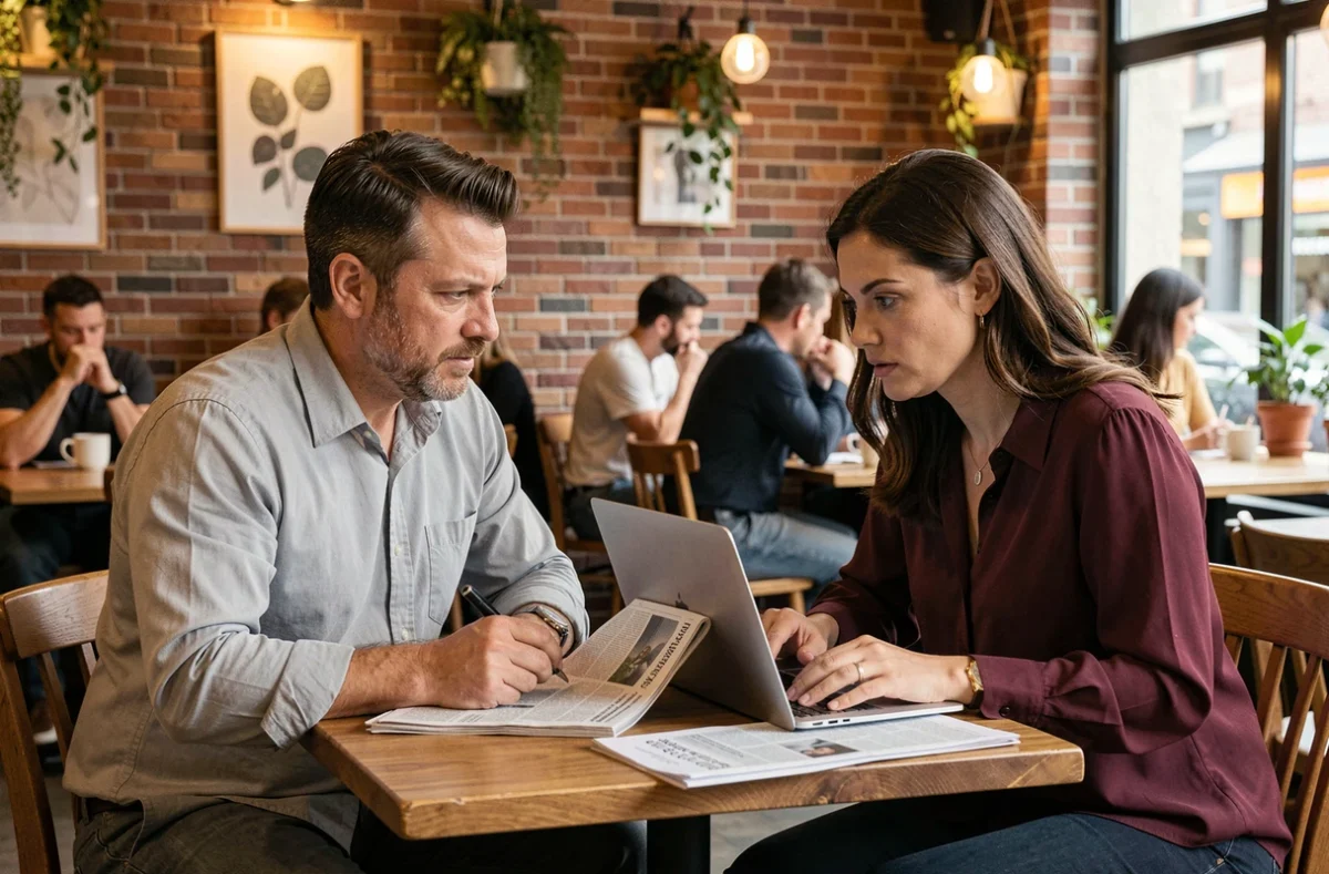 Deux personnes analysant ensemble des articles de presse dans un café, représentant le travail de recoupement des sources pour distinguer l'information fiable de l'intox