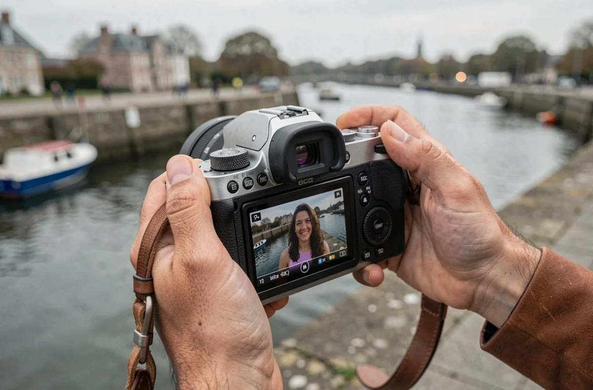 Gros plan sur un appareil photo professionnel tenu par un photographe en bord de Vilaine à Redon