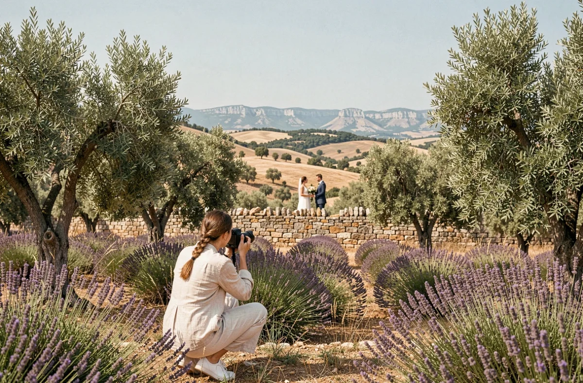 Photographe de l'Atelier Cigales capturant un couple de mariés dans un paysage de lavande et d'oliviers en Provence