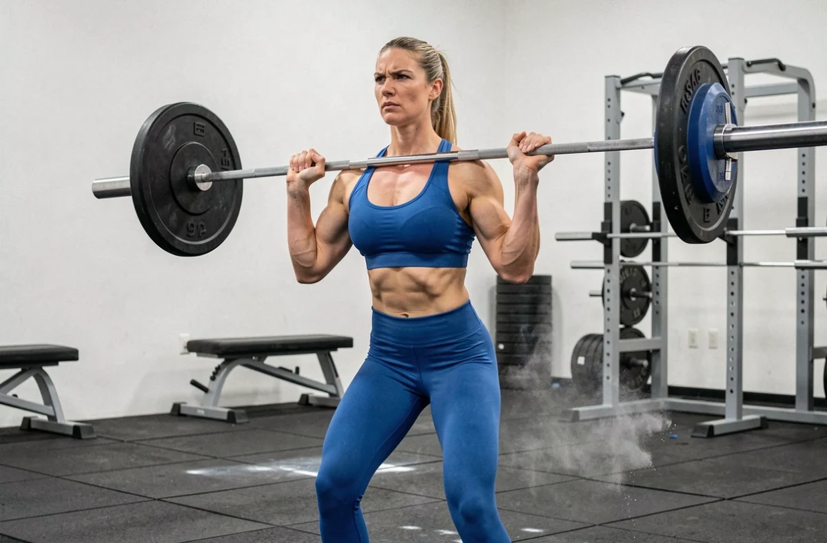 Athlète féminine soulevant une barre olympique en studio de musculation, capturée par un photographe sportif professionnel