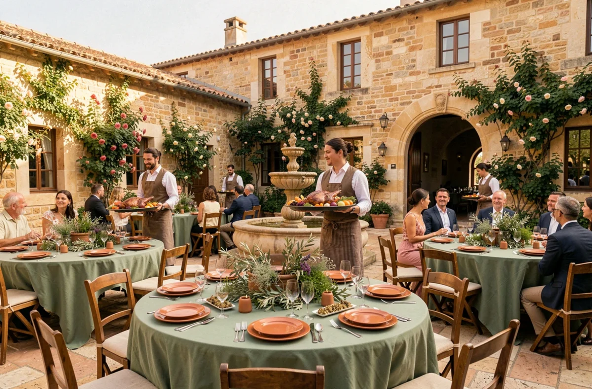 Réception de mariage provençale à La Batiste Saint Antoine près d'Antibes avec tables en lin sauge, vaisselle en terre cuite et service d'agneau rôti dans une cour de bastide