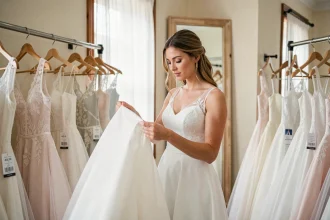 Femme essayant une robe de mariée pas cher dans une vraie boutique spécialisée avec des robes exposées en arrière-plan