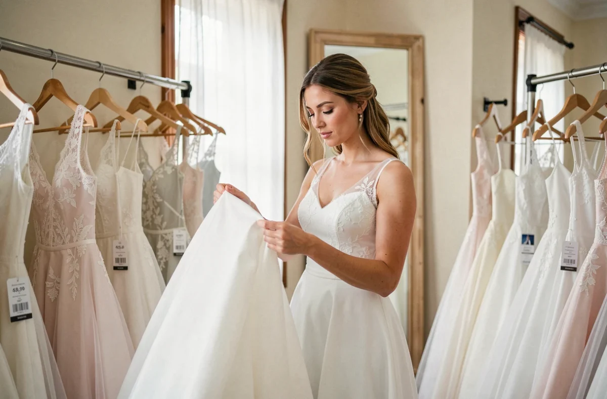 Femme essayant une robe de mariée pas cher dans une vraie boutique spécialisée avec des robes exposées en arrière-plan