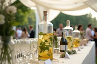 Table de boissons élégante lors d'une réception de mariage en plein air avec carafes, bouteilles de vin et verres en cristal sur nappe ivoire