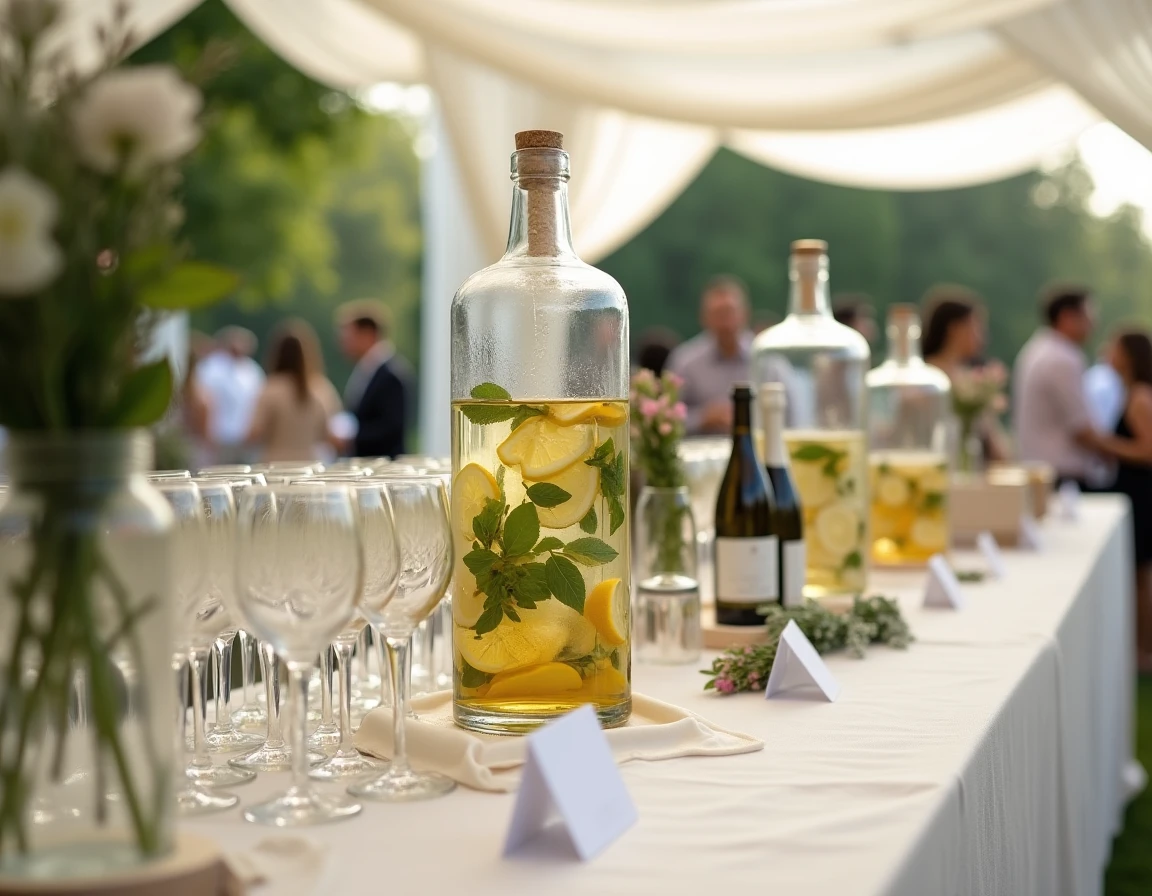 Table de boissons élégante lors d'une réception de mariage en plein air avec carafes, bouteilles de vin et verres en cristal sur nappe ivoire
