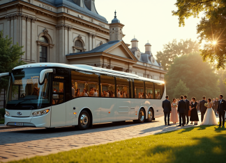 Bus de luxe pour mariage devant un lieu élégant en fin d'après-midi