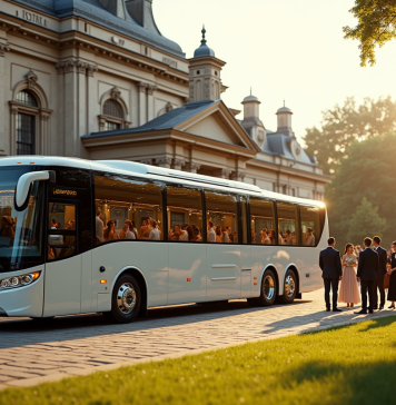 Bus de luxe pour mariage devant un lieu élégant en fin d'après-midi