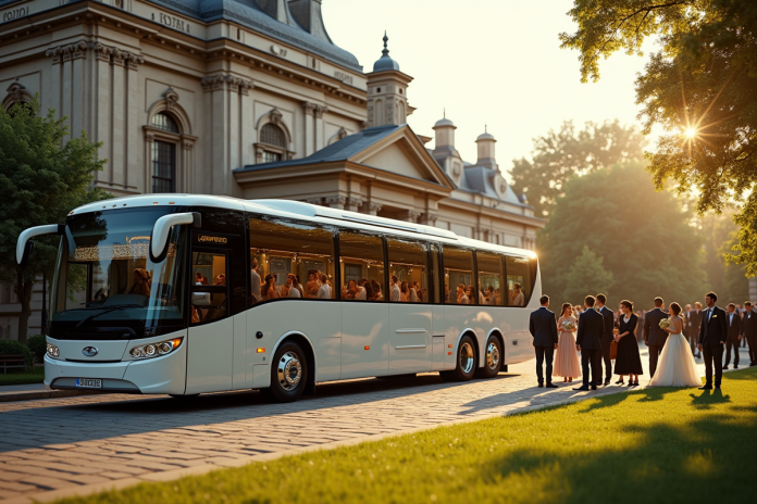 Bus de luxe pour mariage devant un lieu élégant en fin d'après-midi