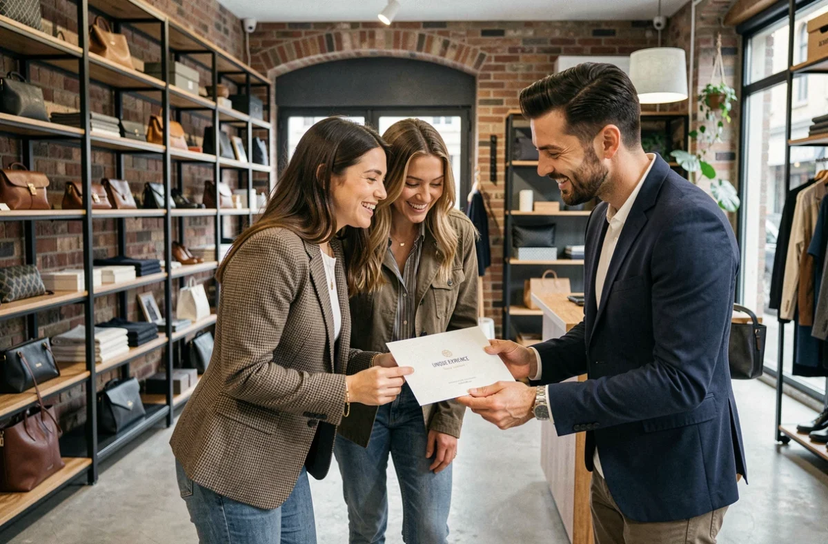 Couple recevant un cadeau expérience unique dans une boutique concept store parisienne pour leur PACS