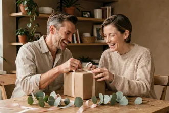 Couple déballant un cadeau original pour leur PACS dans un appartement scandinave chaleureux