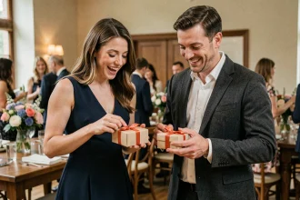 Témoin homme et femme recevant leurs cadeaux de mariage lors d'une réception élégante