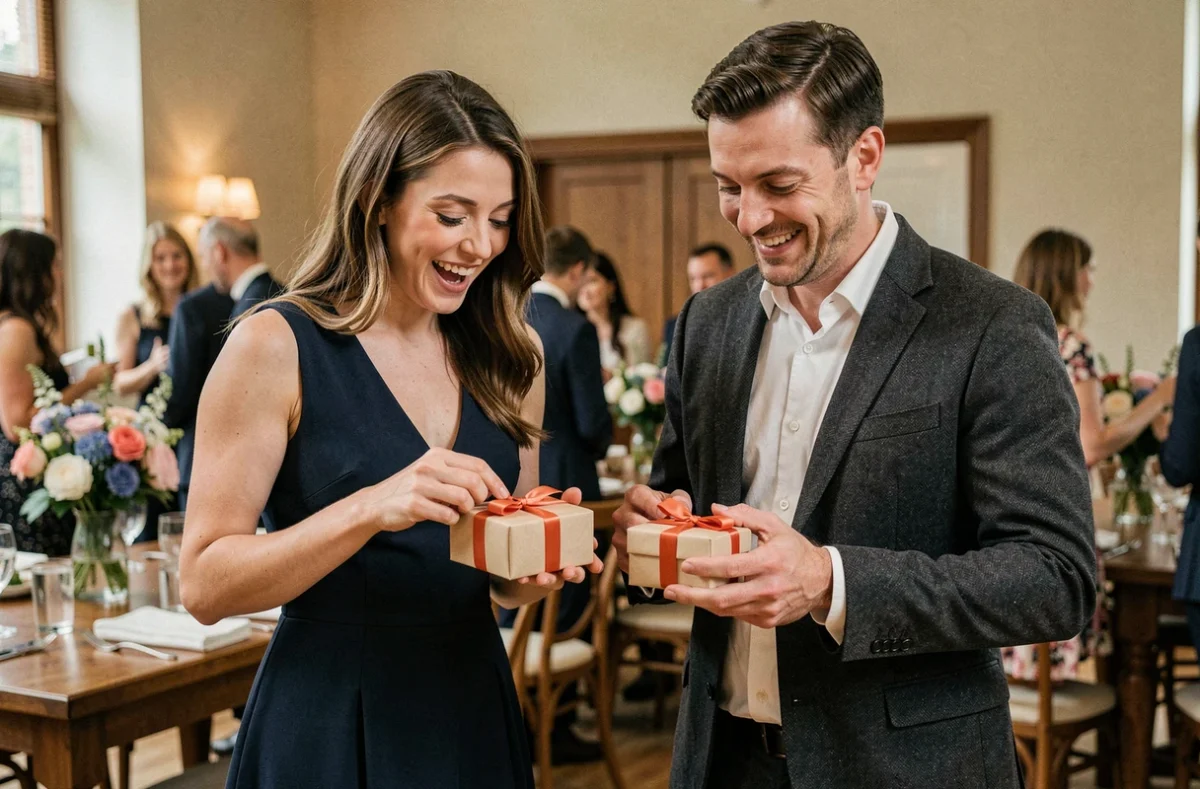 Témoin homme et femme recevant leurs cadeaux de mariage lors d'une réception élégante