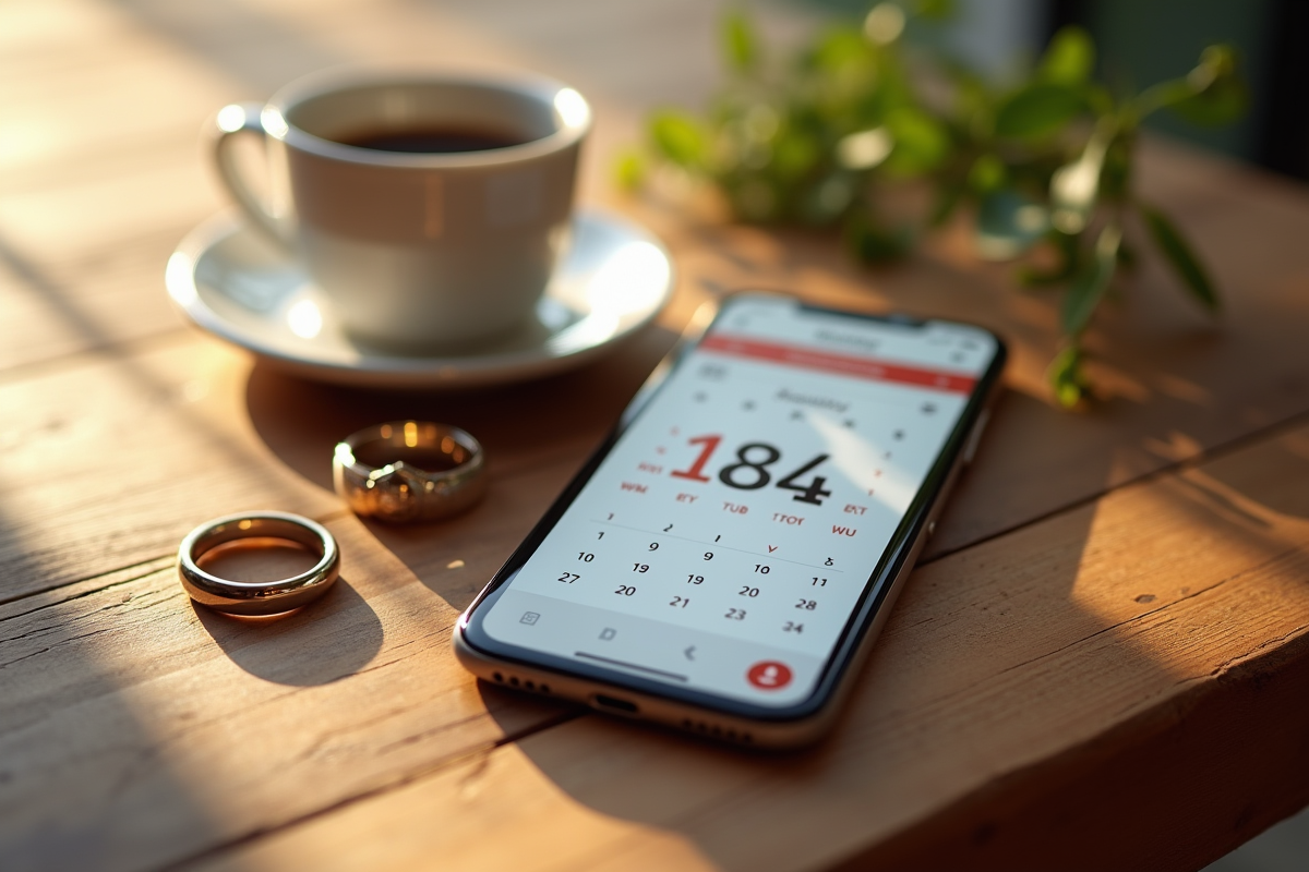 Smartphone affichant date de mariage avec alliances et café