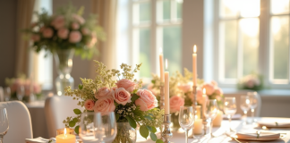 Centre de table de mariage élégant avec fleurs et bougies