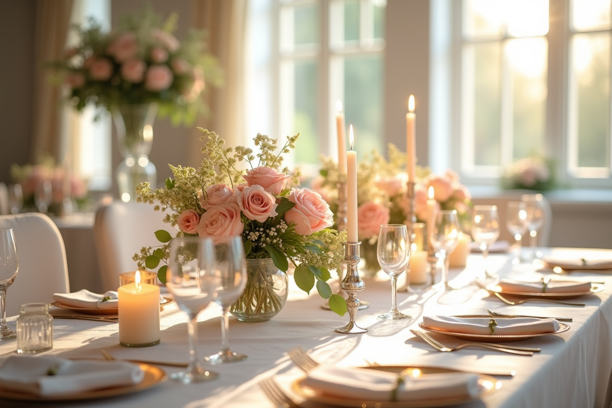 Centre de table de mariage élégant avec fleurs et bougies