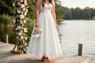 Mariée en robe blanche tenant des sandales en satin blanc lors d'un mariage en extérieur au bord d'un lac