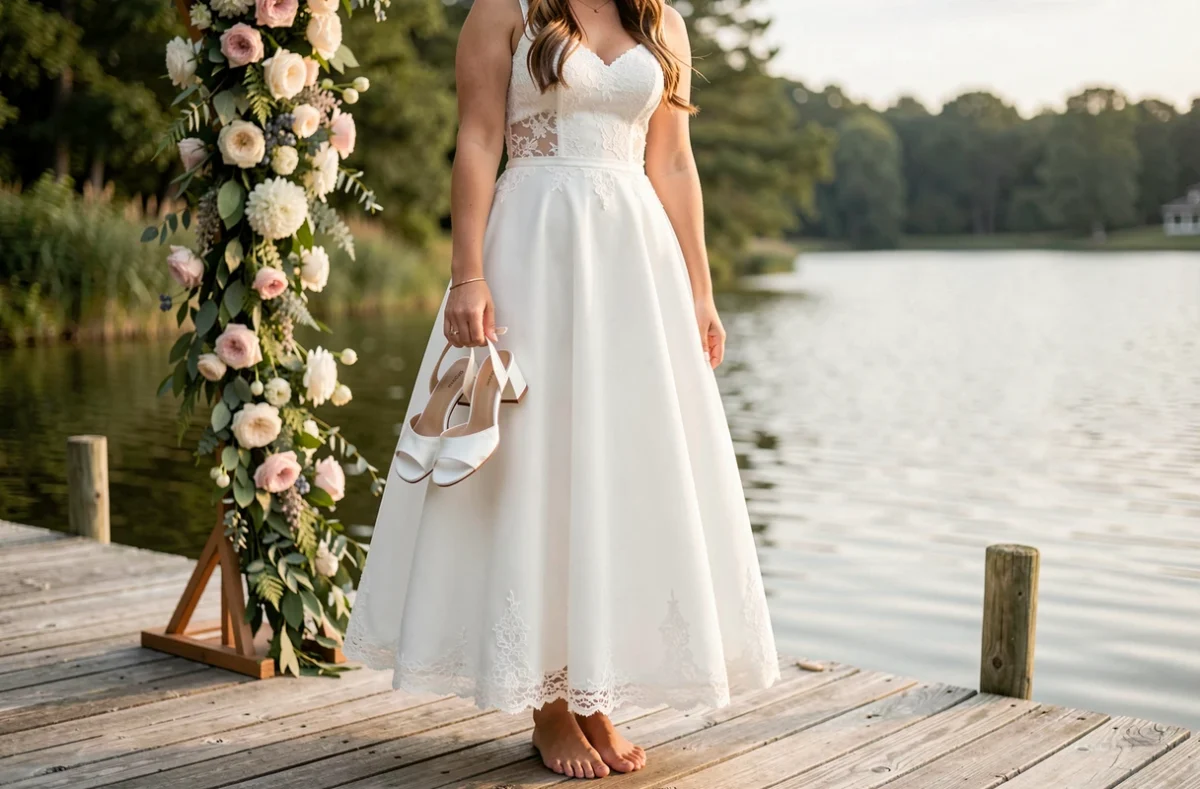 Mariée en robe blanche tenant des sandales en satin blanc lors d'un mariage en extérieur au bord d'un lac