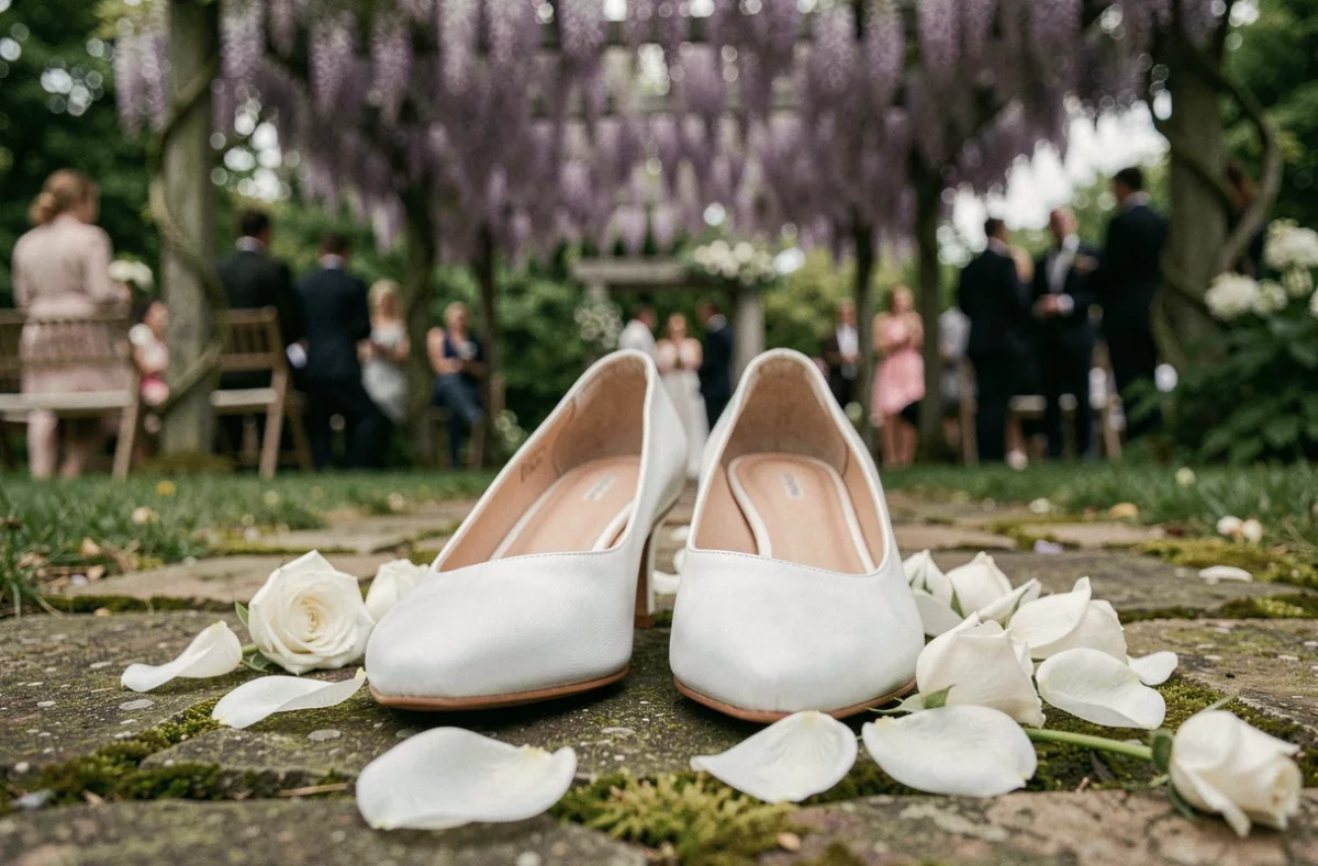 Chaussures blanches pour mariage posées sur un chemin en pierre dans un jardin fleuri en extérieur