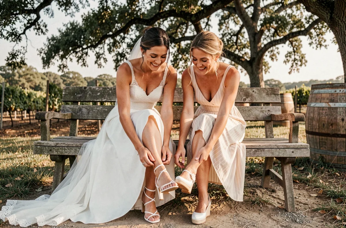 Mariée et demoiselle d'honneur comparant leurs chaussures blanches pour mariage dans un vignoble en extérieur
