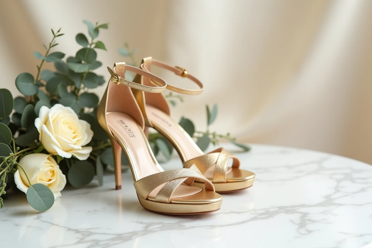 Chaussures dorées à talons pour mariage posées sur du marbre blanc avec bouquet de mariée, illustrant les erreurs de style à éviter