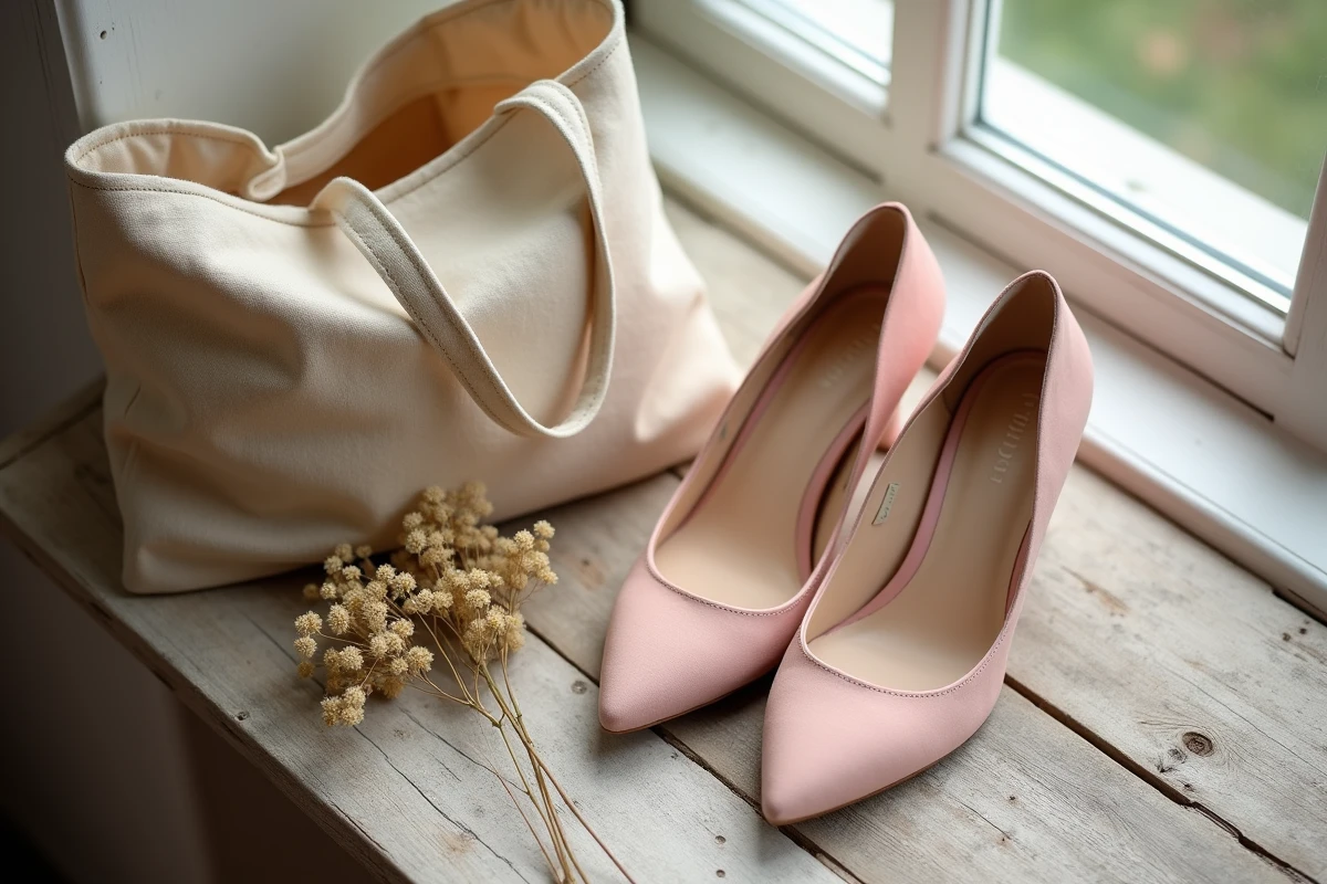 Chaussures à petit talon de mariage rose poudré posées avec un sac en lin et des fleurs séchées, idée de réutilisation après le mariage