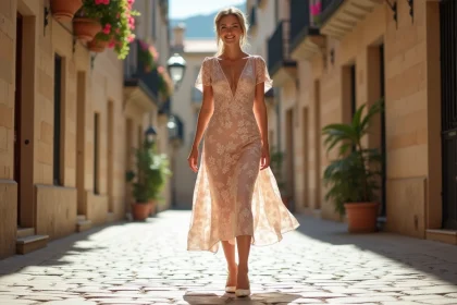 Femme portant des chaussures à petit talon de mariage en satin ivoire avec une robe florale au quotidien dans une rue pavée