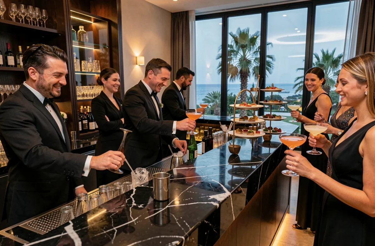 Barmen de Chef Cocktail préparant des cocktails artisanaux pour un mariage en soirée dans un lieu contemporain avec vue sur la Méditerranée