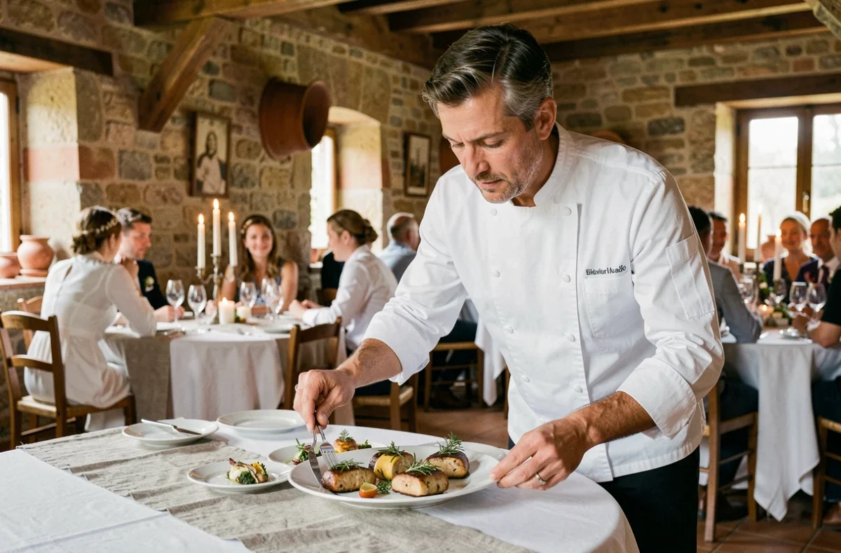 Chef traiteur en veste blanche préparant un plat gastronomique lors d'un mariage dans un mas provençal du Var