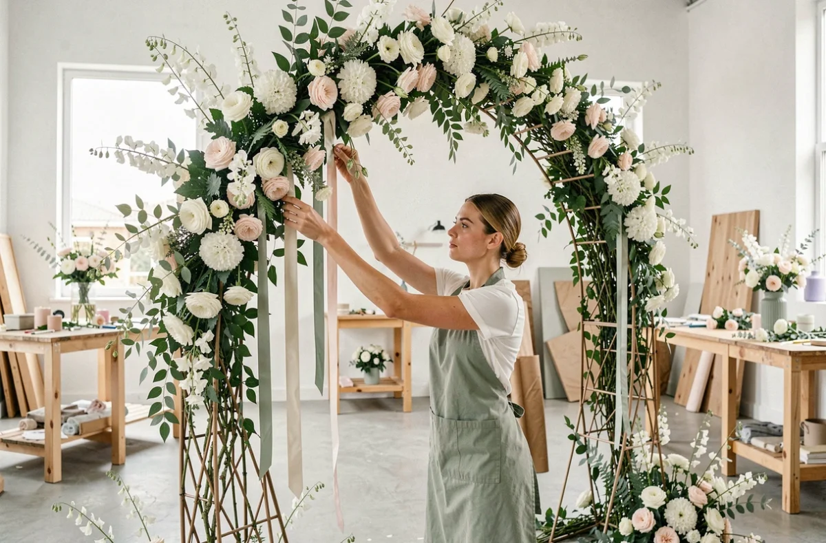 Claire Blooom - fleuriste installant une arche florale pour mariage dans un studio moderne en Nouvelle-Aquitaine