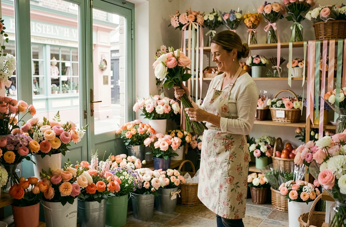 Boutique Comme une Fleur avec fleuriste en tablier fleuri choisissant des tiges parmi des compositions colorées en seaux émaillés
