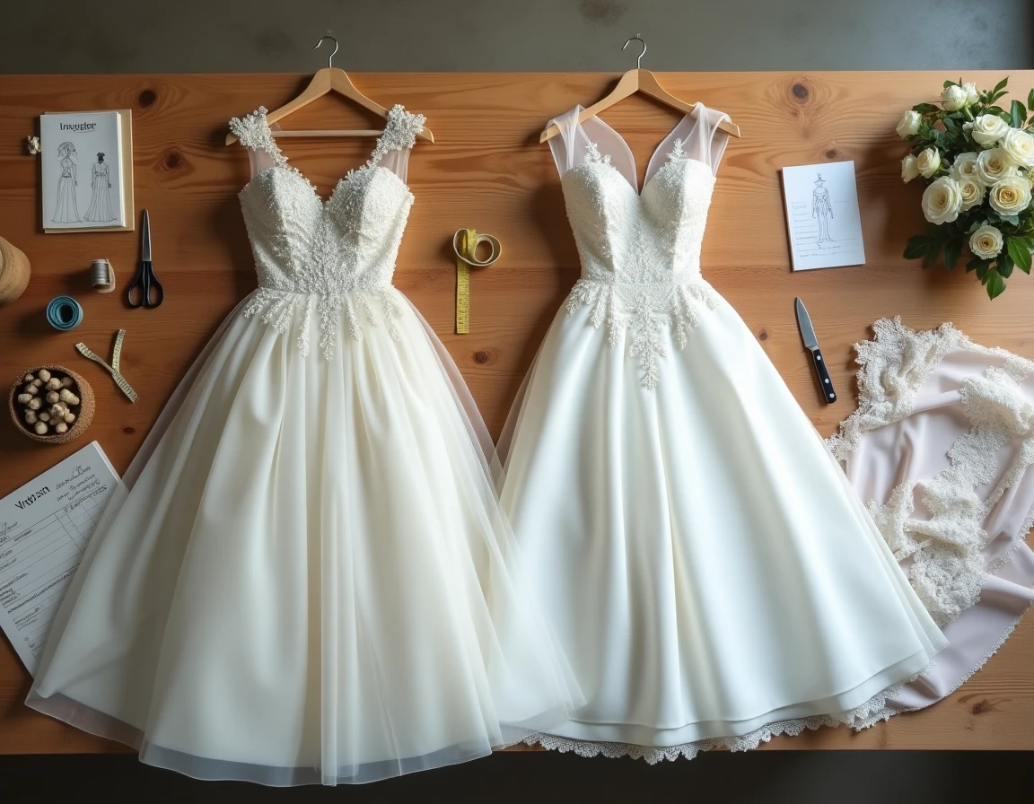 Vue à plat comparant une robe de mariée sur mesure brodée et une robe prêt-à-porter avec outils de couture et carnet de devis sur une table en chêne