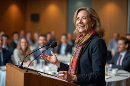 Femme conf&eacute;renci&egrave;re souriante lors d'un discours professionnel