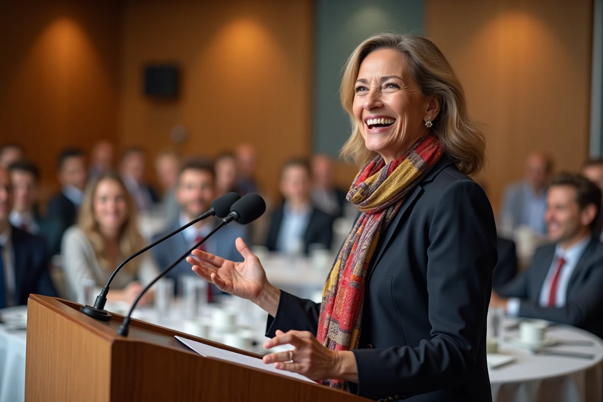 Femme conférencière souriante lors d'un discours professionnel