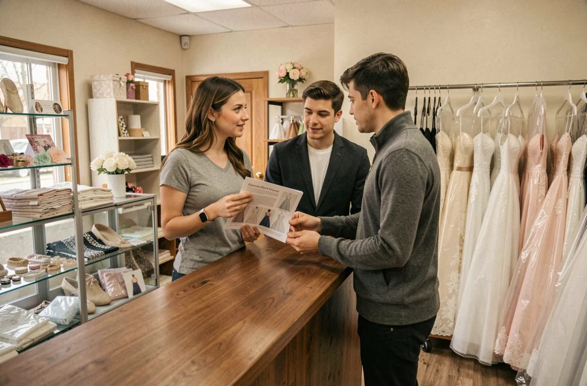 Couple discutant avec une vendeuse dans un magasin de robes de mariée économiques pour éviter les arnaques
