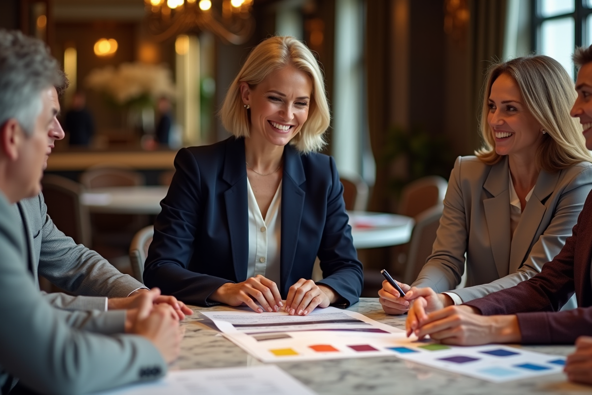Consultante en mode montrant un nuancier de tissus