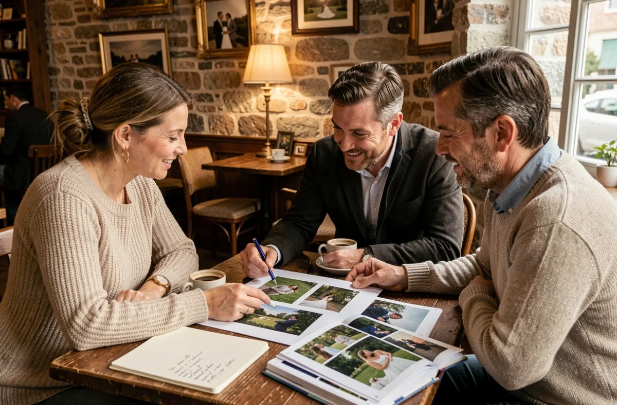 Rencontre entre un couple de futurs mariés et des photographes professionnels lors d'une consultation pour un mariage à Nantes