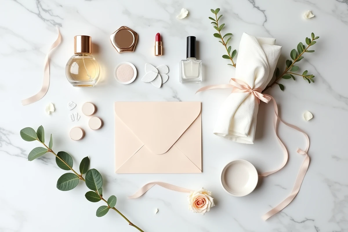 Flat-lay des accessoires d'un kit de survie de la mariée sur marbre blanc avec décorations florales