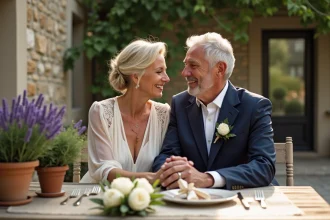 Couple fêtant leurs 36 ans de mariage noce de mousseline sur une terrasse en pierre de campagne française