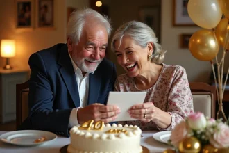 Couple de seniors joyeux fêtant leurs 40 ans de mariage autour d'une table décorée avec gâteau et ballons dorés