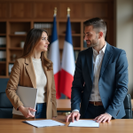 Jeune couple français dans un bureau moderne en mairie