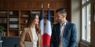 Jeune couple français dans un bureau moderne en mairie