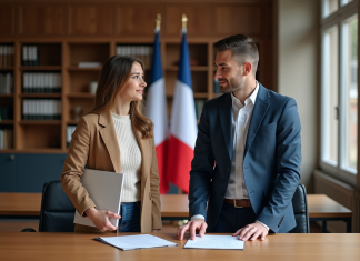 Jeune couple français dans un bureau moderne en mairie