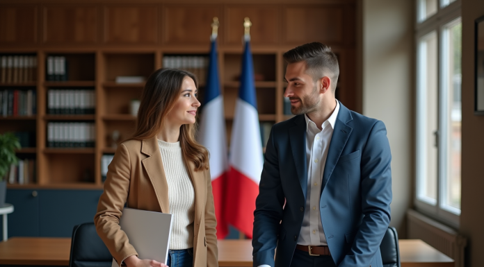 Jeune couple français dans un bureau moderne en mairie