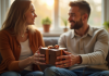 Couple échangeant un cadeau en cuir dans un salon lumineux