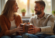 Couple échangeant un cadeau en cuir dans un salon lumineux