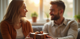 Couple échangeant un cadeau en cuir dans un salon lumineux