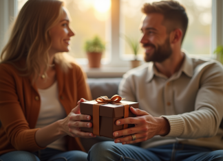 Couple échangeant un cadeau en cuir dans un salon lumineux
